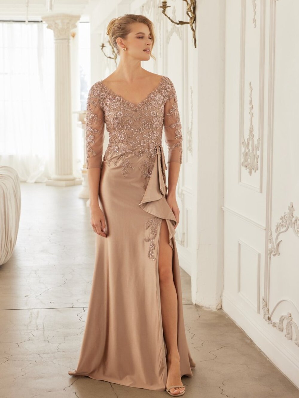 SILVER FORMAL DRESS. NEW LONG TAN PLUS SIZE MOTHER OF THE BRIDE/GROOM SLEEVES